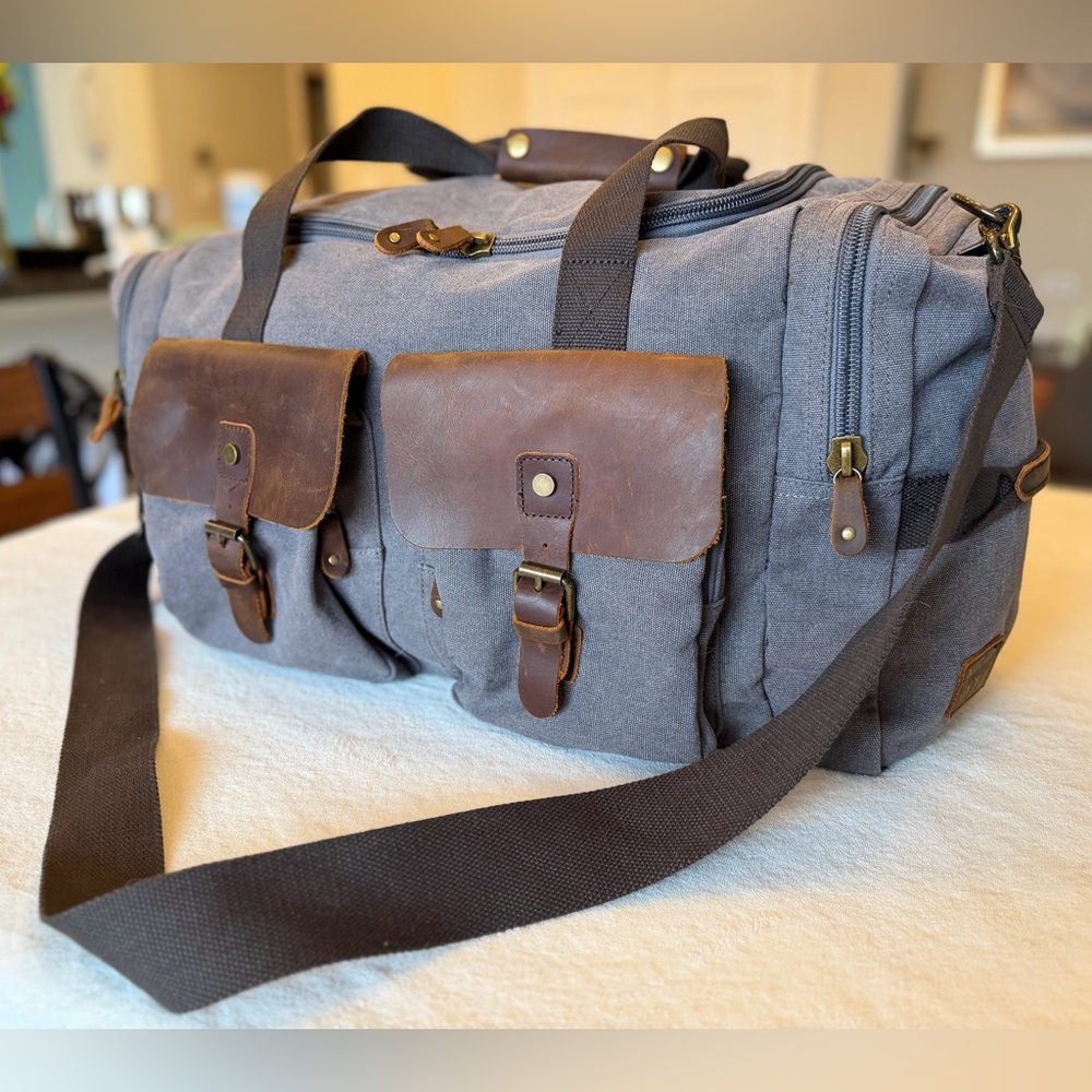 Men's Gray and Brown Duffel Bag